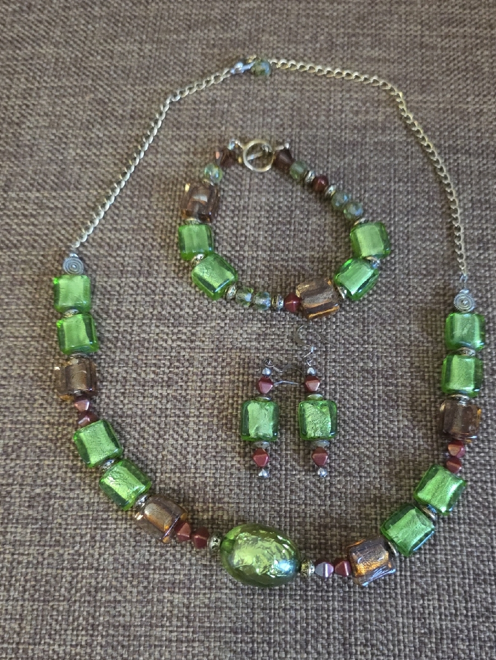Handmade Green Glass Bead Necklace, Bracelet & Earring Set